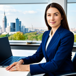 Modern Businesswoman**

"A professional businesswoman in a modest navy blue business suit, seated at a clean desk in a bright, modern office with large windows overlooking a cityscape, fully clothed, appropriate attire, safe for work, perfect anatomy, correct proportions, professional photography, high quality, natural pose, well-formed hands, proper finger count, natural body proportions, family-friendly."

**