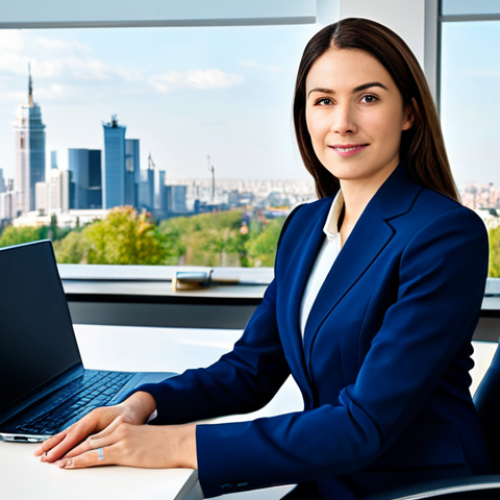 Modern Businesswoman**

"A professional businesswoman in a modest navy blue business suit, seated at a clean desk in a bright, modern office with large windows overlooking a cityscape, fully clothed, appropriate attire, safe for work, perfect anatomy, correct proportions, professional photography, high quality, natural pose, well-formed hands, proper finger count, natural body proportions, family-friendly."

**