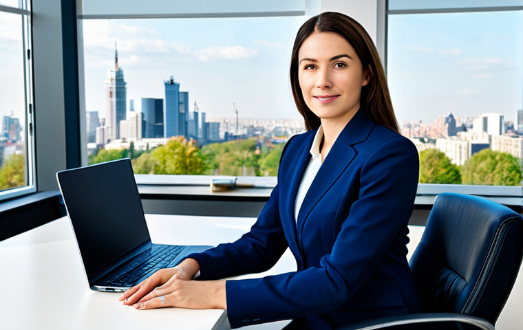 Modern Businesswoman**
"A professional businesswoman in a modest navy blue business suit, seated at a clean desk in a bright, modern office with large windows overlooking a cityscape, fully clothed, appropriate attire, safe for work, perfect anatomy, correct proportions, professional photography, high quality, natural pose, well-formed hands, proper finger count, natural body proportions, family-friendly."
**