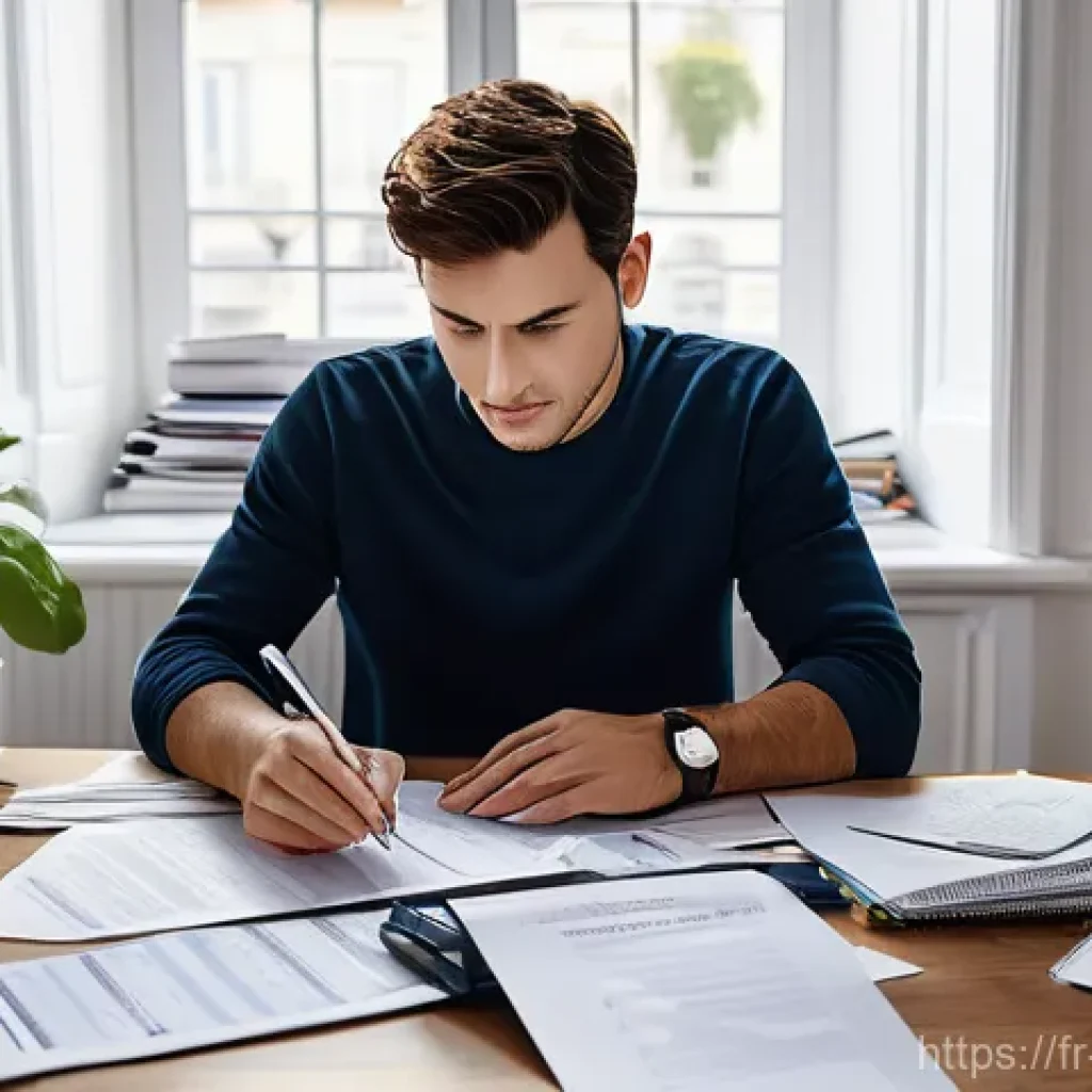 전산세무회계 연말 정산 업무 사례 - An individual, initially looking slightly stressed, sits at a desk cluttered with scattered paper ta...