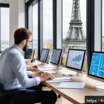 전산세무회계 자격증으로 업계 트렌드 따라잡기 - A modern French accounting office scene showing a diverse team of professionals working collaborativ...