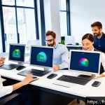 전산세무회계 필수 학습 과목 - A modern French small business office setting featuring a diverse team of professionals using digita...