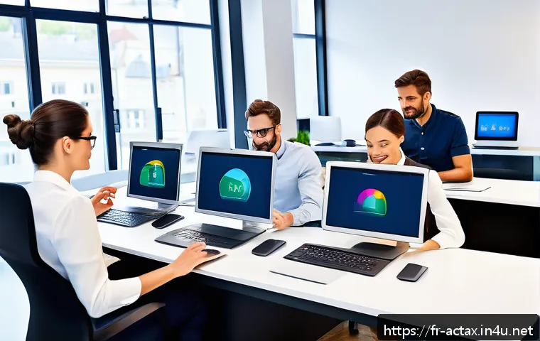 전산세무회계 필수 학습 과목 - A modern French small business office setting featuring a diverse team of professionals using digita...