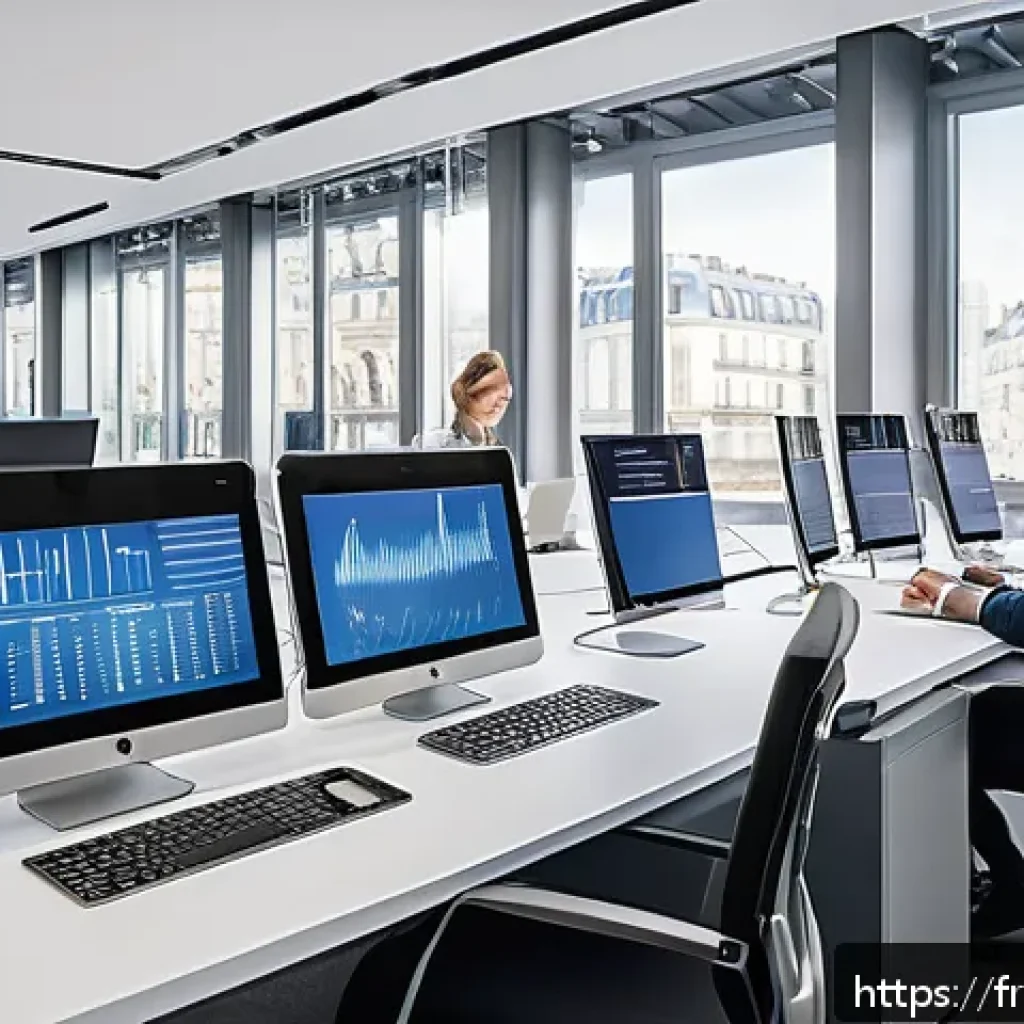 전산세무회계 자격증의 직장 내 활용 사례 - A modern French accounting office scene with professionals collaborating using digital accounting so...