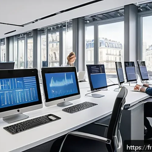 전산세무회계 자격증의 직장 내 활용 사례 - A modern French accounting office scene with professionals collaborating using digital accounting so...