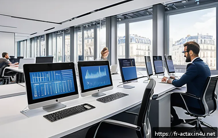 전산세무회계 자격증의 직장 내 활용 사례 - A modern French accounting office scene with professionals collaborating using digital accounting so...