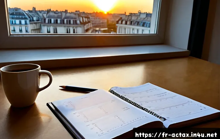 Home 17 전산세무회계 자격증 공부 루틴 - Photorealistic morning study routine for a French accounting certification candidate, focused young ...